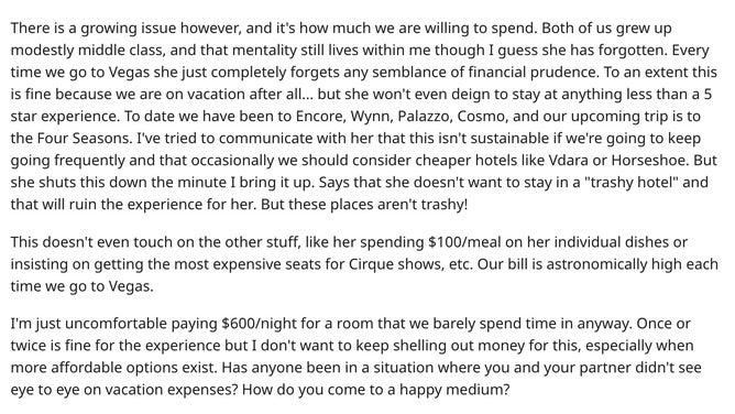 Man asks for help on Reddit when it comes to his wife and spending in Las Vegas. (Credit: Reddit)